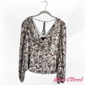 BCX Floral White Pink Embossed Women's Blouse. Rushed V.Neck Sz M.